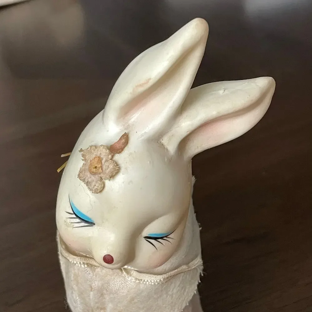 Vintage Knee Hugger Bunny Rabbit Celluloid Pink Felt Japan Easter Decor FLAW